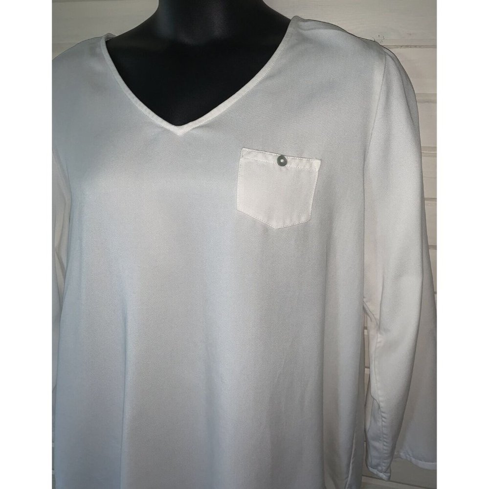 Soft Surroundings Sz ?? Tencel Tunic II V-Neck White Blouse Roll Tab Sleeves EUC